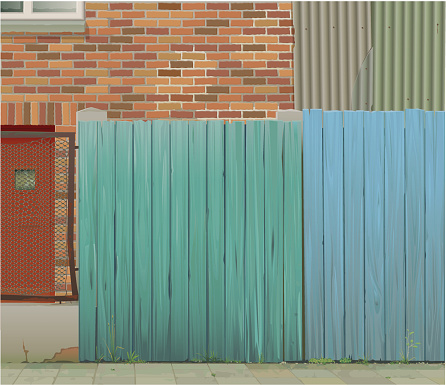 Detailed worn out wire mesh and wooden fence with brick wall and metal door in the background. Layered file. Included: AI8-EPS. AI8, PDF and JPG (43 cm, 300 dpi)