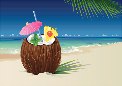 Vector illustration of Pina Colada served in a coconut on a tropical beach. High-res JPG (4000 px wide) and Print-PDF included. Done with simple gradients and blends. More Coconuts in my portfolio.