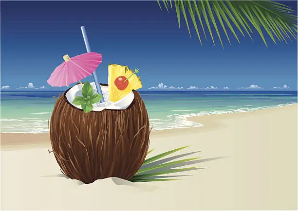 Vector illustration of Coconut Pina Colada on the Beach