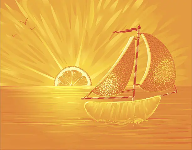 Vector illustration of Orangejuice Ocean Sunset with Orange Sailboat