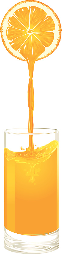 Vector illustration of orange juice pouring from a half orange into a glas in front of a white background. Includes AI-EPS, Print-PDF and High Res JPG. Only simple gradients used.