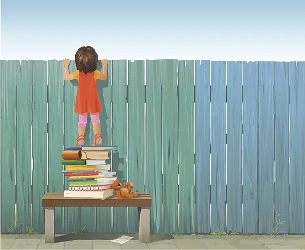 Vector illustration of Schoolgirl on pile of books looking over fence