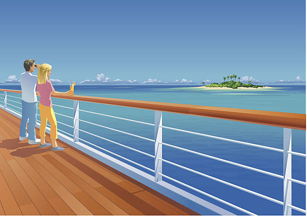 schiff deck paar und tropische insel - boat deck stock-grafiken, -clipart, -cartoons und -symbole