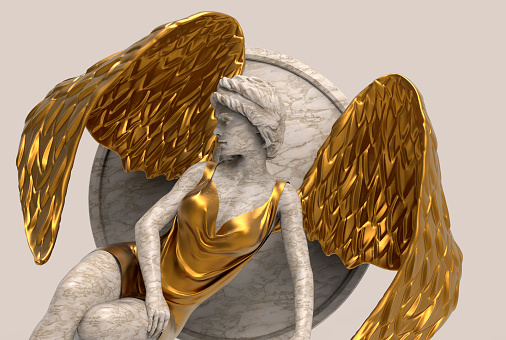 3d render illustration of antique golden and white marble female angel statue on gray background.
