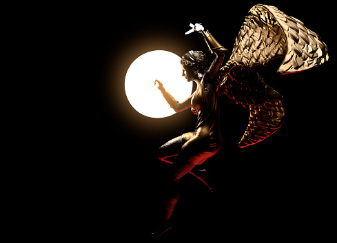 3d render illustration of antique golden female warrior angel statue with sword and glowing shield on black background.