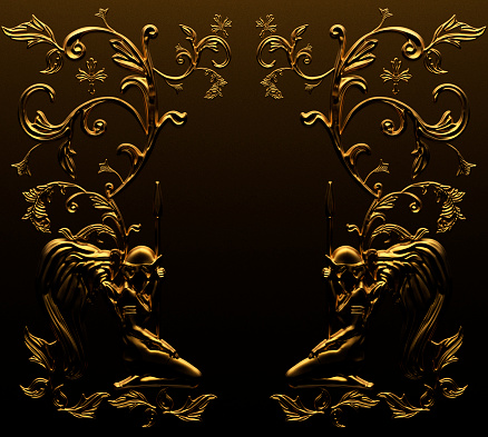 3d render illustration of shaded golden wall with warrior angels and ornate baroque floral elements.