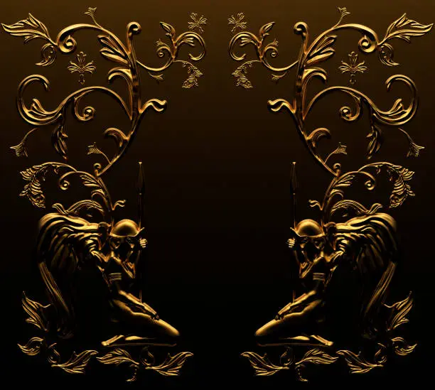 3d render illustration of shaded golden wall with warrior angels and ornate baroque floral elements.