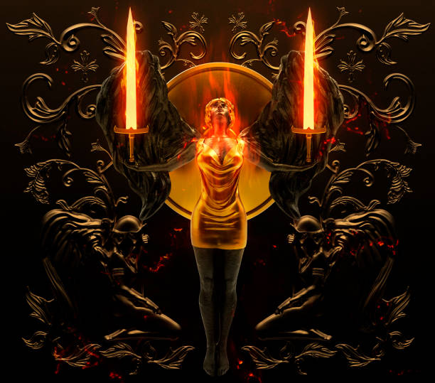 3d render illustration of golden female angel statue with swords and fire on copper engraved ornate wall.