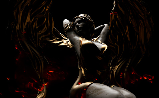 3d render illustration of shaded antique stone and golden female angel statue sitting pose on black background.