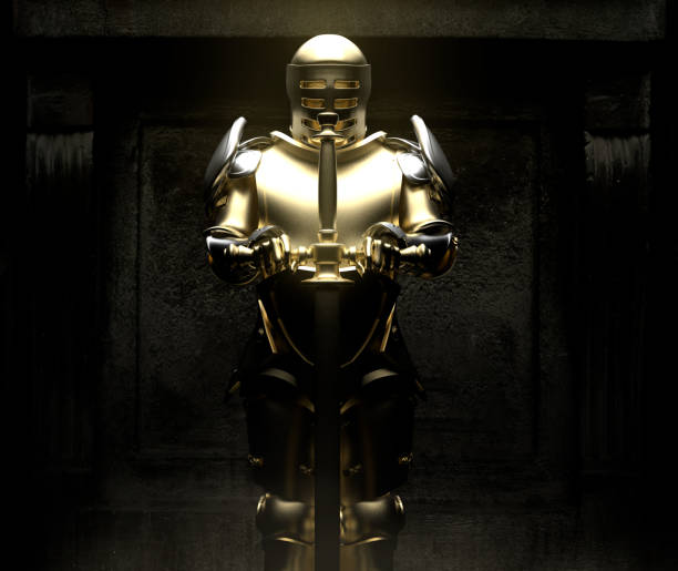 istock 3d render illustration of golden medieval knight statue. 1610579095