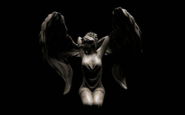 istock 3d render illustration of stone angel statue sitting on dark background. 1610579605
