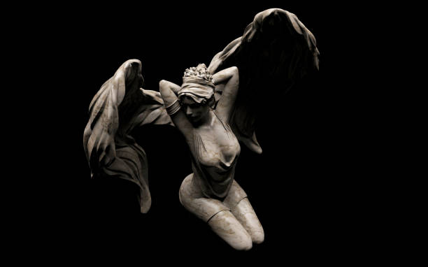 istock 3d render illustration of stone angel statue sitting on dark background. 1610579610