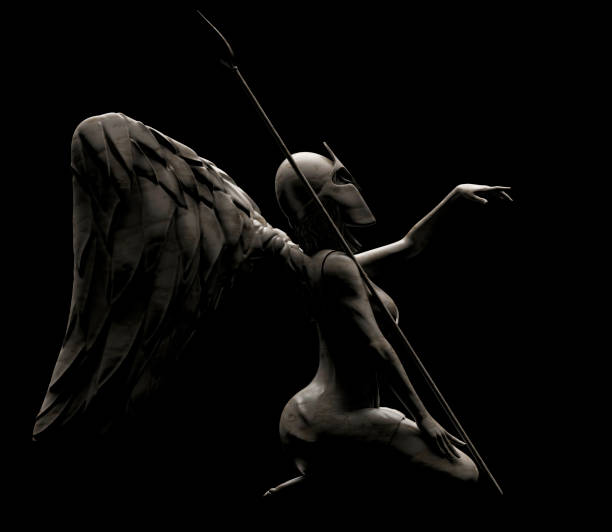 istock 3d render illustration of stone angel statue with spear and armor on dark background. 1610579611