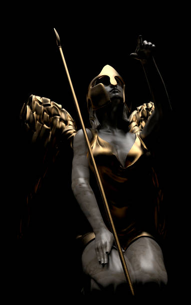 istock 3d render illustration of stone angel statue with spear and armor on dark background. 1610580572