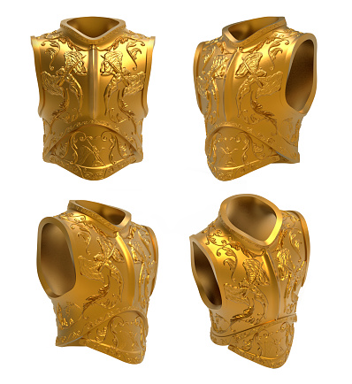 Isolated 3d render illustration of medieval golden warrior armor with ornaments and female angel warrior engravings.