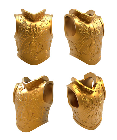 Isolated 3d render illustration of medieval golden warrior armor with ornaments and angel engravings.