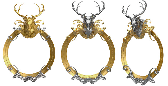 Isolated 3d render illustration of baroque style golden frame with silver deer head on white background.