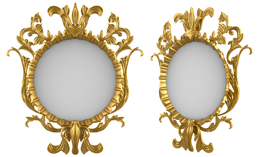Isolated 3d render illustration of golden royal baroque floral ornated mirror or picture frame front and 3/4 view on white background.