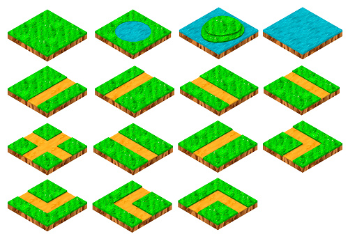 Isolated 3d render illustration of isometric game sand and grass or lawn ground parts with river and islands, various types.