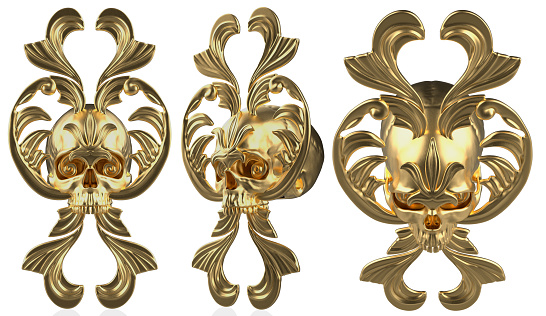 Isolated 3d render illustration of golden gothic baroque ornate skull in various angles.