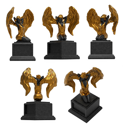 Isolated 3d render illustration of black marble and golden female angel statue sitting on pedestal, various angles.