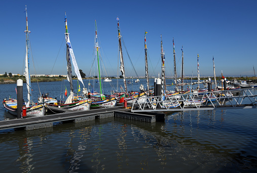 Moita, Setúbal district, Portugal: Tagus river boats displaying old traditions of the estuary region - hulls decorated with colorful floral motives. From the left: Salvaram-me/1968, Quim Zé/1966, Desvairada/1993, Bonitinha/1922, Catraia de Lisboa/1919, unknown, Aldeia Galega/1980, Janecas/1973 (all of the 'canoa' type),