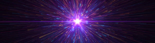 istock Ultra wide space background with neon light lines 1610605561