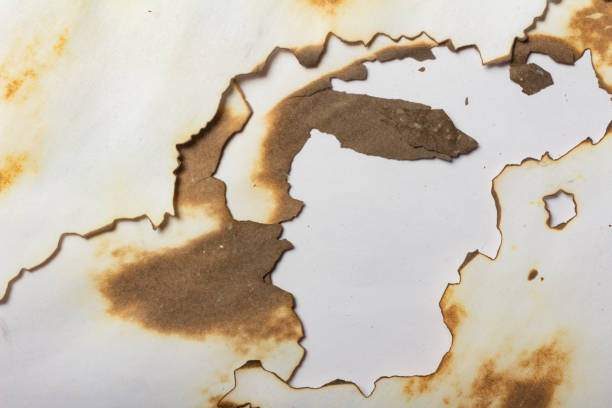 Close-up texture photo of  burned and damaged white colored paper sheet.