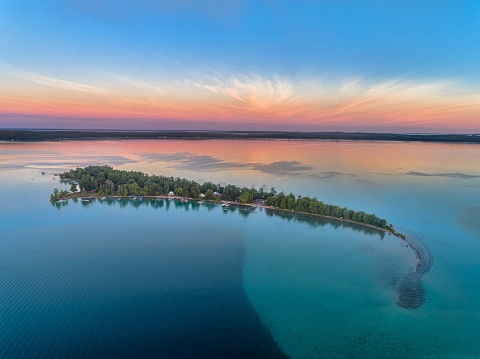 Treasure Island, Higgins Lake, Michigan.  shot with drone during sunrise.