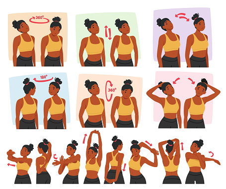 Woman Character Doing Neck And Shoulder Exercises, Including Neck Stretches, Shoulder Rolls, And Shrugs, To Alleviate Tension And Improve Flexibility And Strength. Cartoon People Vector Illustration