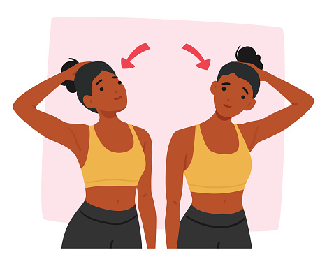 Black Woman Character Doing Neck Exercises, Gently Stretching, Tilting And Rotating Her Head From Side To Side, To Improve Flexibility And Relieve Tension. Cartoon People Vector Illustration