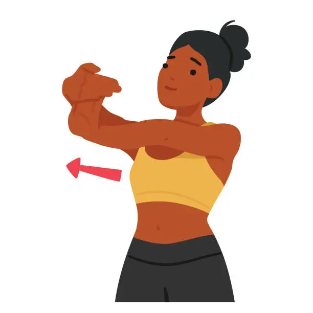 Vector illustration of Woman Doing Palm Exercises, Character Flexes And Stretches Her Fingers, Rotates Wrists, And Gently Massages Her Hands