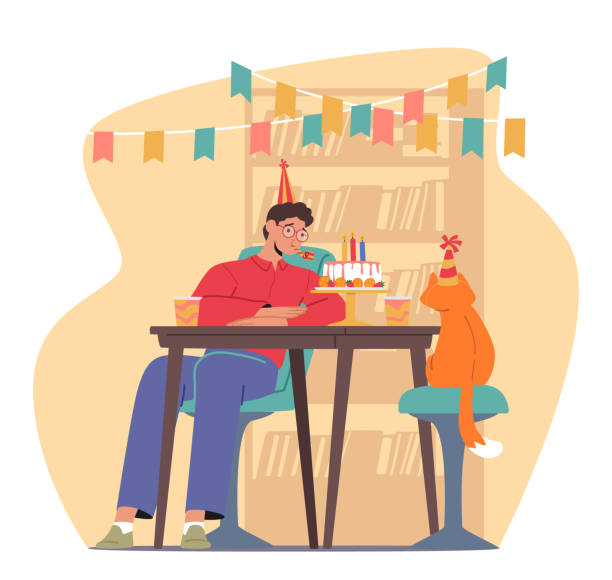 ilustrações de stock, clip art, desenhos animados e ícones de somber, isolated man celebrates his birthday accompanied only by his loyal cat, sad male character finding solace - solace