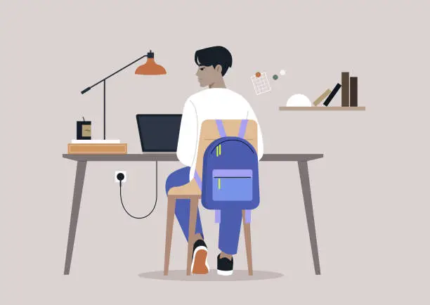 Vector illustration of A young character diligently using their computer at a desk, viewed from behind