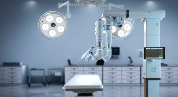 Robotic assisted surgery machine in operating room 3d rendering robotic assisted surgery in operating room medical instrument stock pictures, royalty-free photos & images