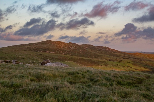 Rough Tor rock formations at dusk, Bodmin Moor. Cornwall, UK