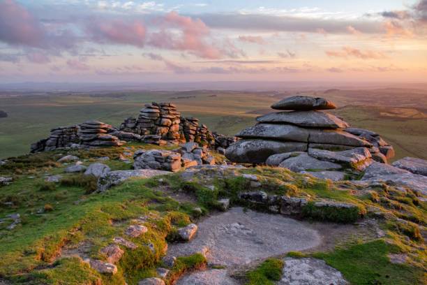 Rough Tor rock formations at dusk, Bodmin Moor. Cornwall, UK