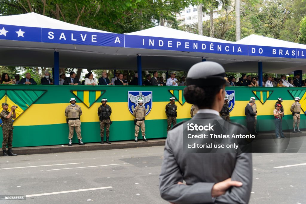 : Government and armed forces officials attend the Brazilian Independence Day parade in the city of Salvador. Salvador, Bahia, Brazil - September 07, 2022: Government and armed forces officials attend the Brazilian Independence Day parade in the city of Salvador. Adult Stock Photo