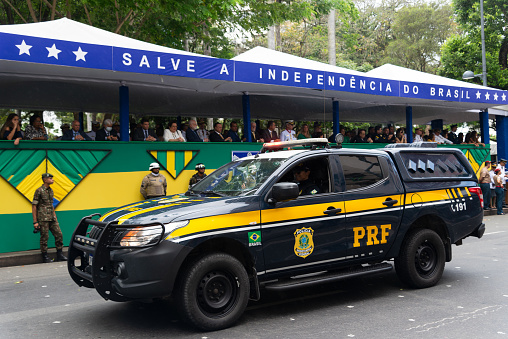 Salvador, Bahia, Brazil - September 07, 2022: Federal road police parade during the Brazilian independence day in the city of Salvador.