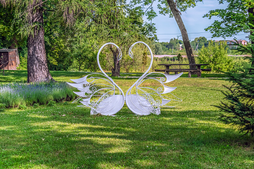 Trostyanets, Sumy Oblast, Ukraine - June 18, 2023: Two heart-shaped swans on a green lawn on the Alley of Lovers in Trostianets Central Park. Steel romantic sculpture of a pair of birds