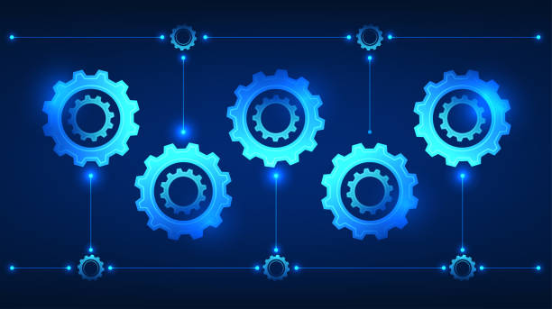 istock Gear technology illustration set of multiple gears with connected lines. It conveys the drive for technology to develop, to work together to help think and work in order to achieve the desired goals. 1610812173