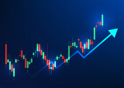 Graph technology background It is a technology that shows the growth price of a company on the stock market, increasing the attractiveness of investors. Candlestick chart with a rising blue arrow