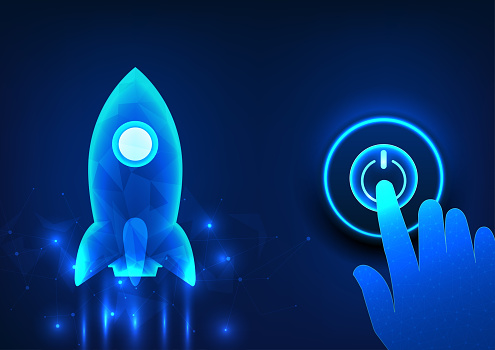 Pushing With Rockets Vector Illustration Of A Rising Rocket With A Hand Pushing A Start ...