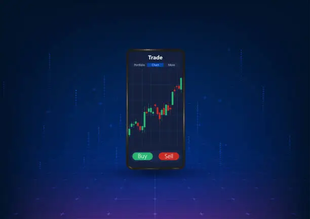 Vector illustration of Smartphone technology allows you to trade stocks through your mobile phone while checking stock prices. company growth It is a mobile phone showing a stock chart with a buy and sell button