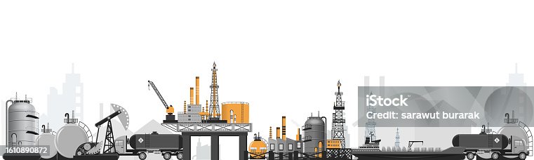 istock Oil industry platform Banner with drilling rig tower station, Oil storage tank, petroleum gasoline storage tank and transportation. Poster Brochure Flyer Design. Vector Illustration eps10 1610890872