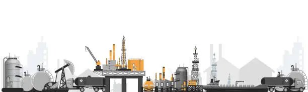 Vector illustration of Oil industry platform Banner with drilling rig tower station, Oil storage tank, petroleum gasoline storage tank and transportation. Poster Brochure Flyer Design. Vector Illustration eps10