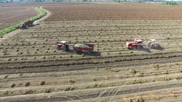 Aerial view of tractor turning hay into bales harvested in the field