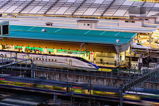 TOKYO, JAPAN - March 31, 2023: Tokyo Station Platform high angle view in twilight. As a transit hub, Tokyo Station is one of the best-connected stations in the city.