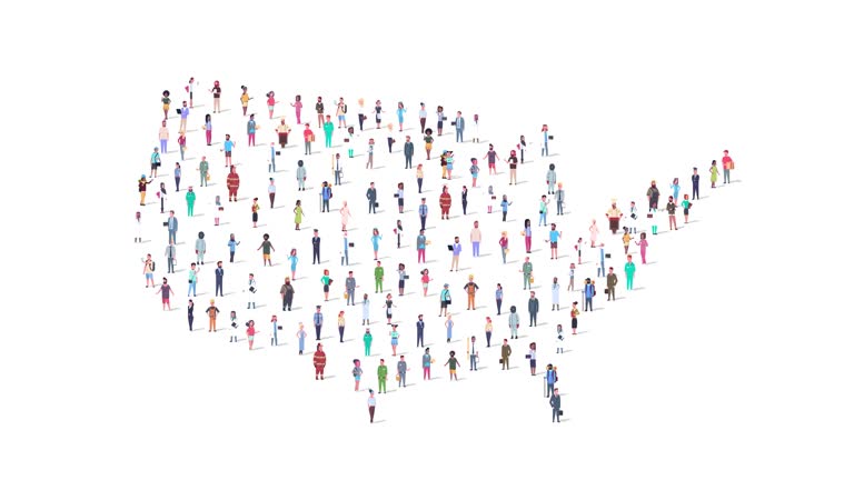 US Population Creative Concept on United States Map. Large Crowd of Different People Standing Together in a Shape of USA Country Symbol. Multicultural American Community, And Globalization. 4k Video