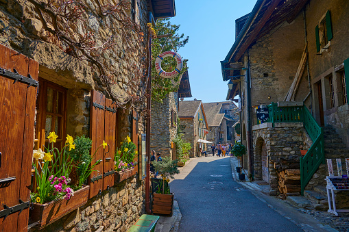 Yvoire, France - Apr 15, 2022: A landscape around Yvoire village on a sunny day. Yvoire located on the shore of Lake Geneva. Tourists always visit the village by take a ferry from Nyon, Switzerland.